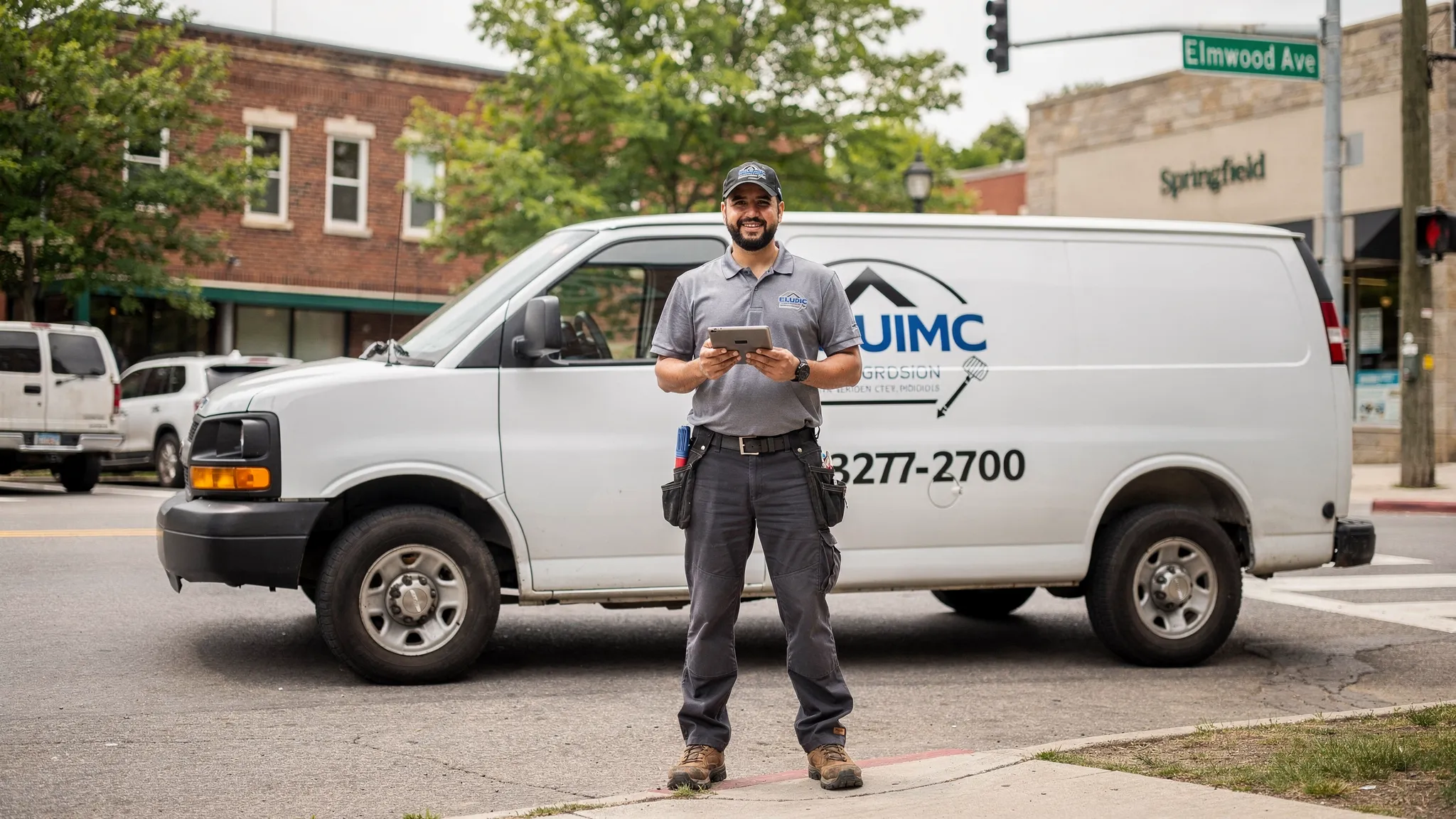 photo of a service worker next to his van
